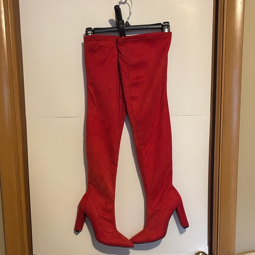 Red Vegan Suede Thigh High Heeled Boots Size 9 or 41 NWOT